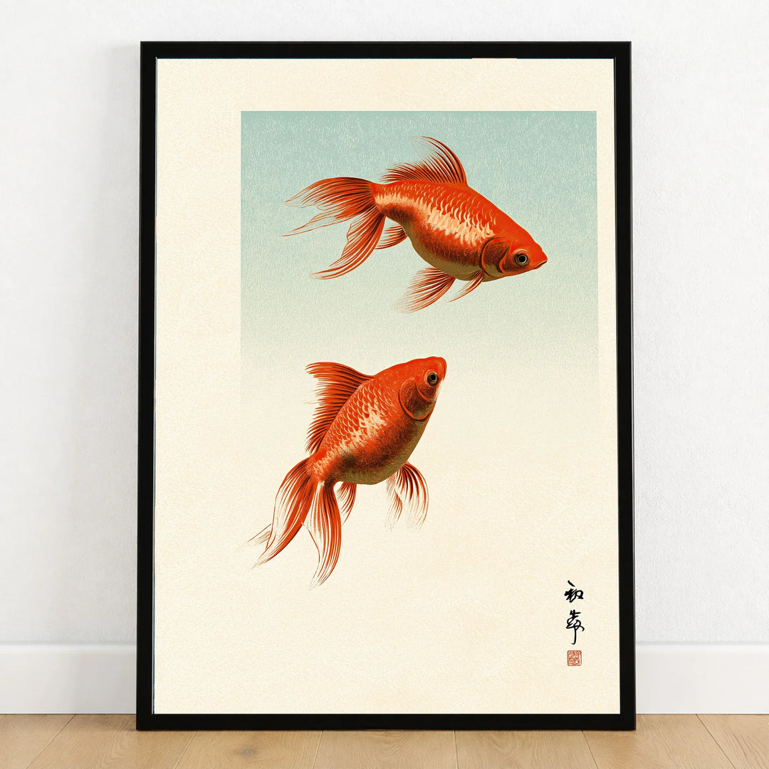 Japanese Goldfish Art Print – Vintage Japanese Wall Art — art print in black frame on wooden floor