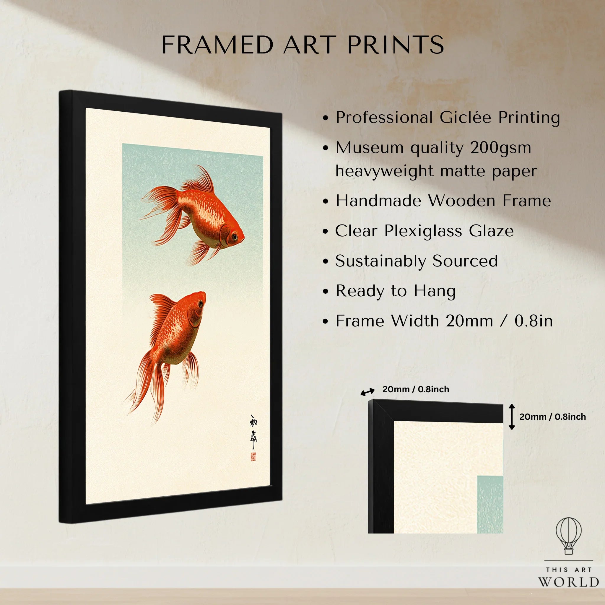 Japanese Goldfish Art Print – Vintage Japanese Wall Art — framed print details measurements quality details