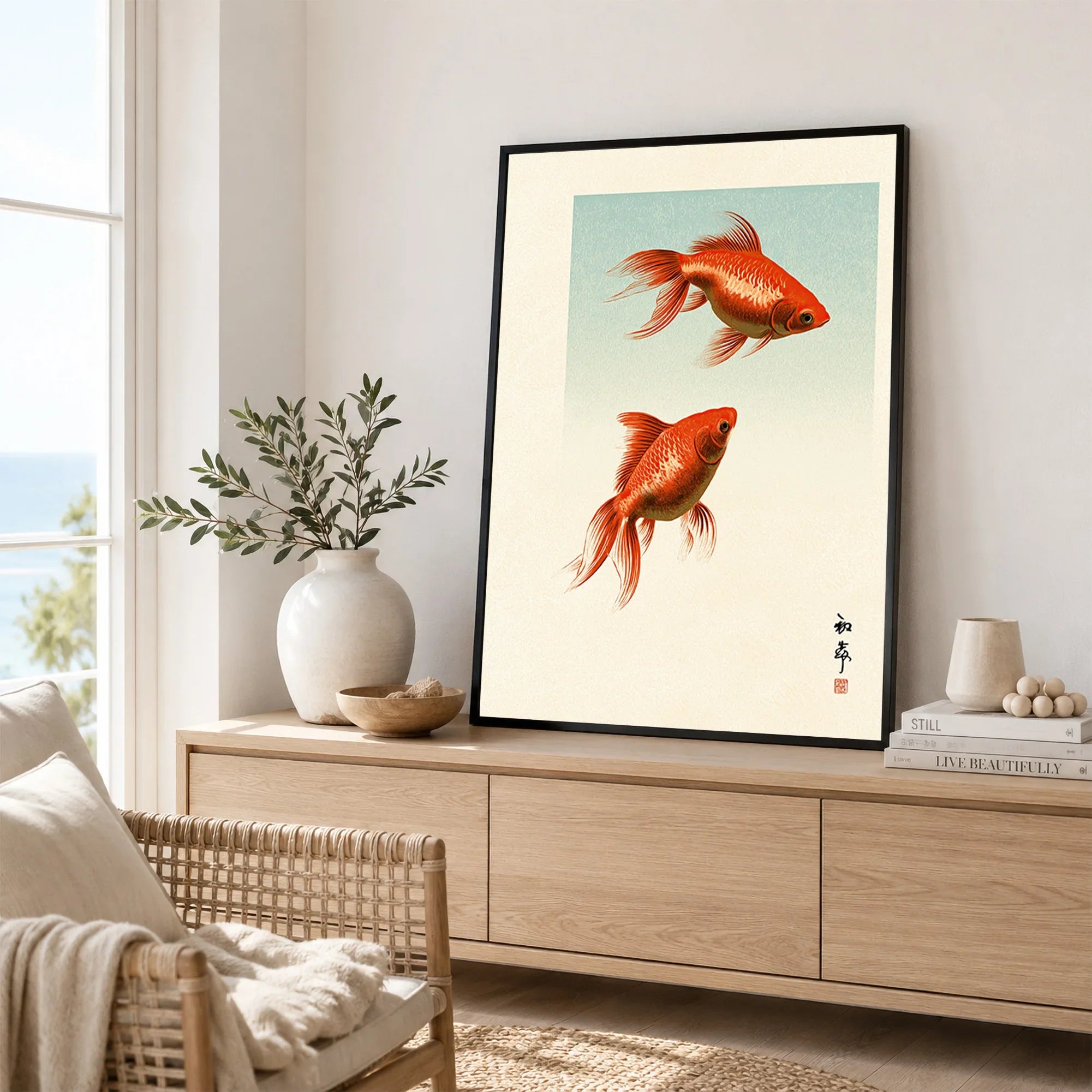 Japanese Goldfish Art Print – Vintage Japanese Wall Art — framed artwork living room lifestyle setting