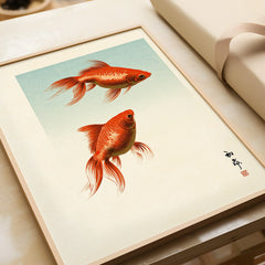 Japanese Goldfish Art Print – Vintage Japanese Wall Art — framed art print closeup gift unwrapped natural frame