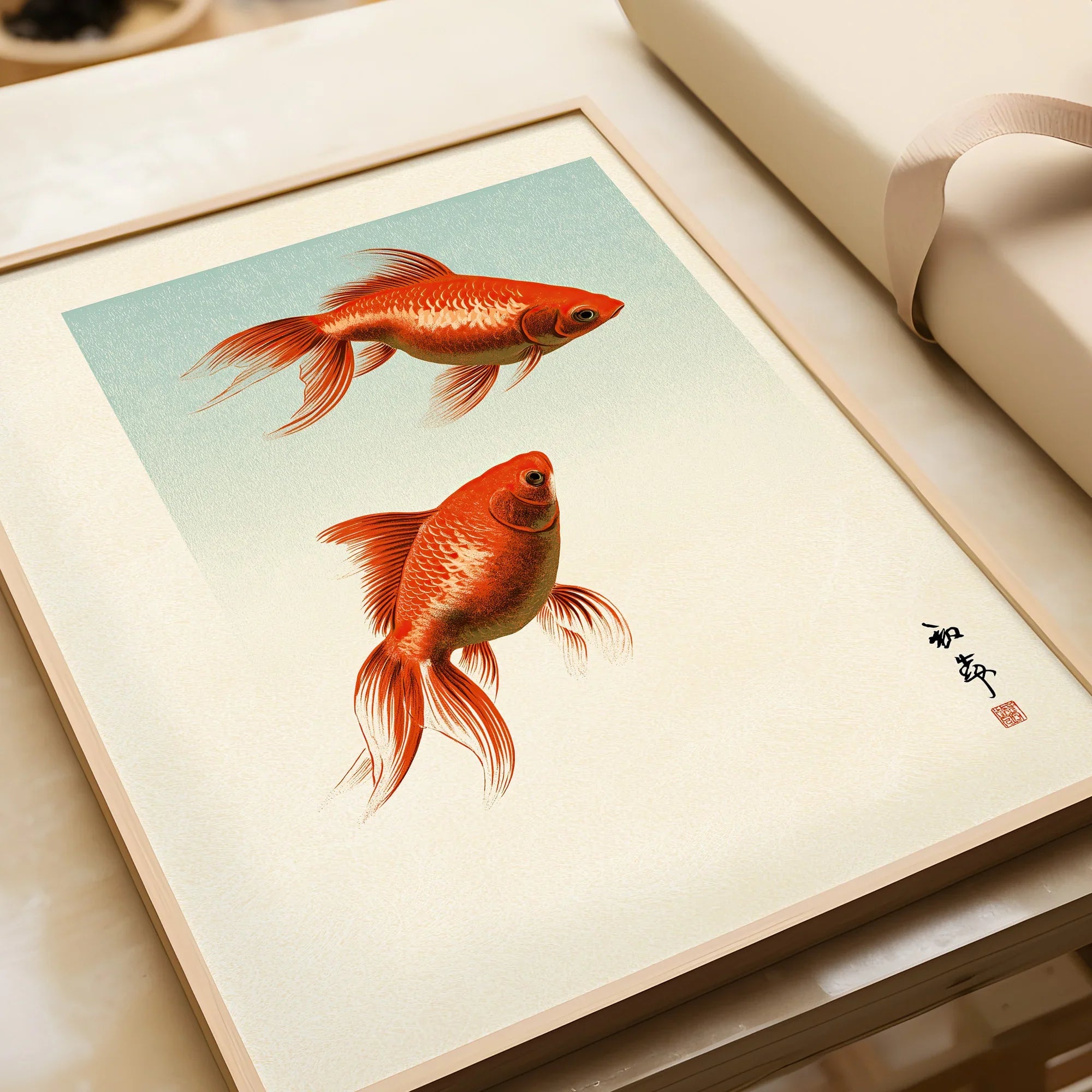 Japanese Goldfish Art Print – Vintage Japanese Wall Art — framed art print closeup gift unwrapped natural frame