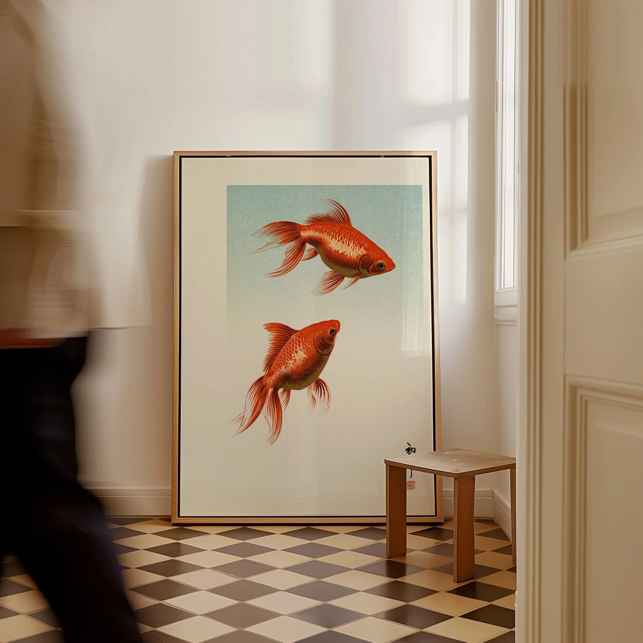 Japanese Goldfish Art Print – Vintage Japanese Wall Art — framed canvas on floor man walking past