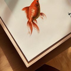 Japanese Goldfish Art Print – Vintage Japanese Wall Art — closeup framed canvas natural wood floating frame
