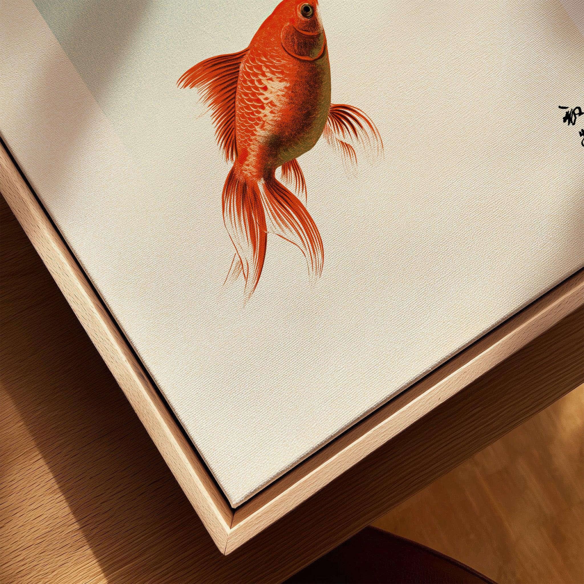Japanese Goldfish Art Print – Vintage Japanese Wall Art — closeup framed canvas natural wood floating frame
