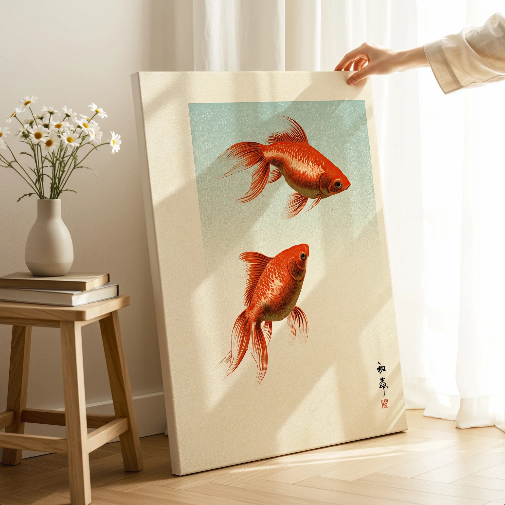 Japanese Goldfish Art Print – Vintage Japanese Wall Art — canvas print mirror edge hand holding room setting