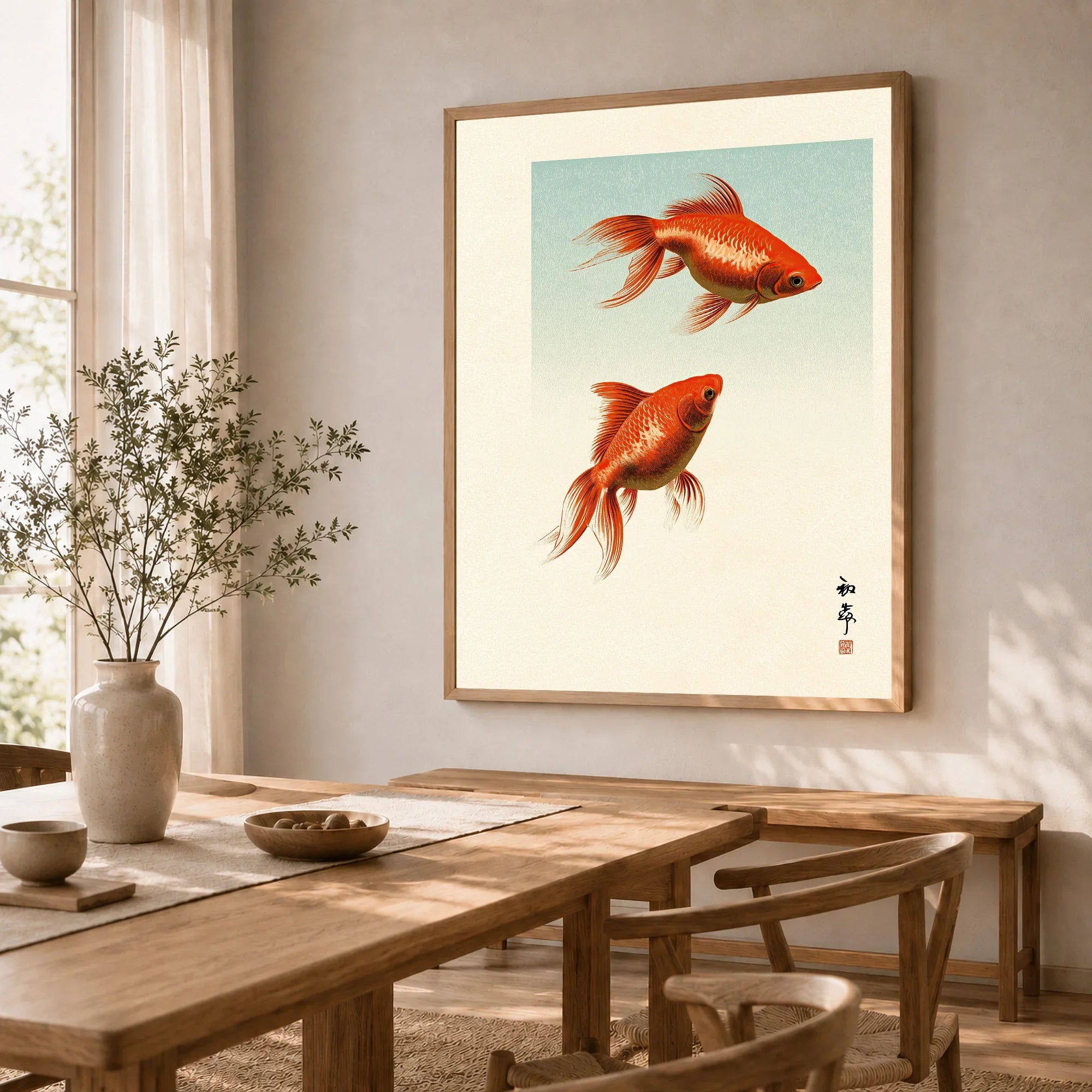 Japanese Goldfish Art Print – Vintage Japanese Wall Art — dining room framed print natural wood frame