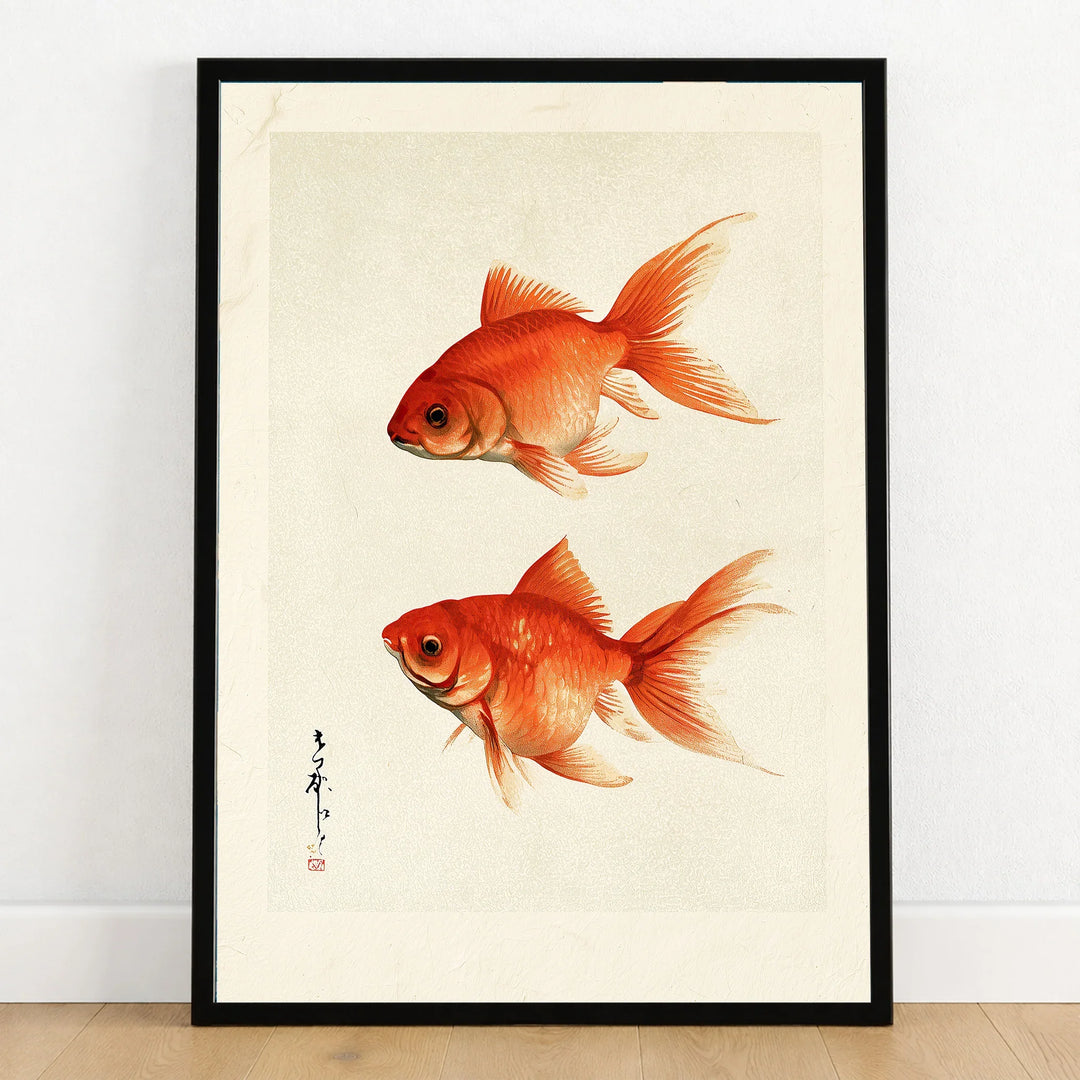 Japanese Goldfish Wall Art – Ukiyo-e Inspired Art Print — art print in black frame on wooden floor