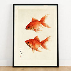 Japanese Goldfish Wall Art – Ukiyo-e Inspired Art Print — art print in black frame on wooden floor
