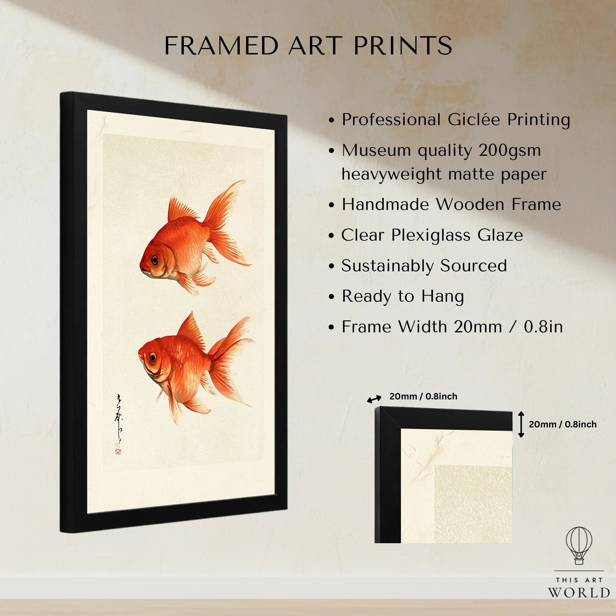 Japanese Goldfish Wall Art – Ukiyo-e Inspired Art Print — framed print details measurements quality details