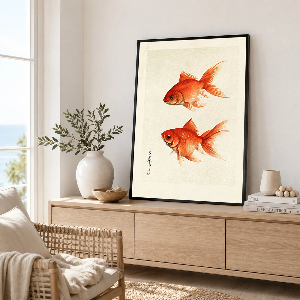 Japanese Goldfish Wall Art – Ukiyo-e Inspired Art Print — framed artwork living room lifestyle setting