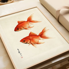 Japanese Goldfish Wall Art – Ukiyo-e Inspired Art Print — framed art print closeup gift unwrapped natural frame