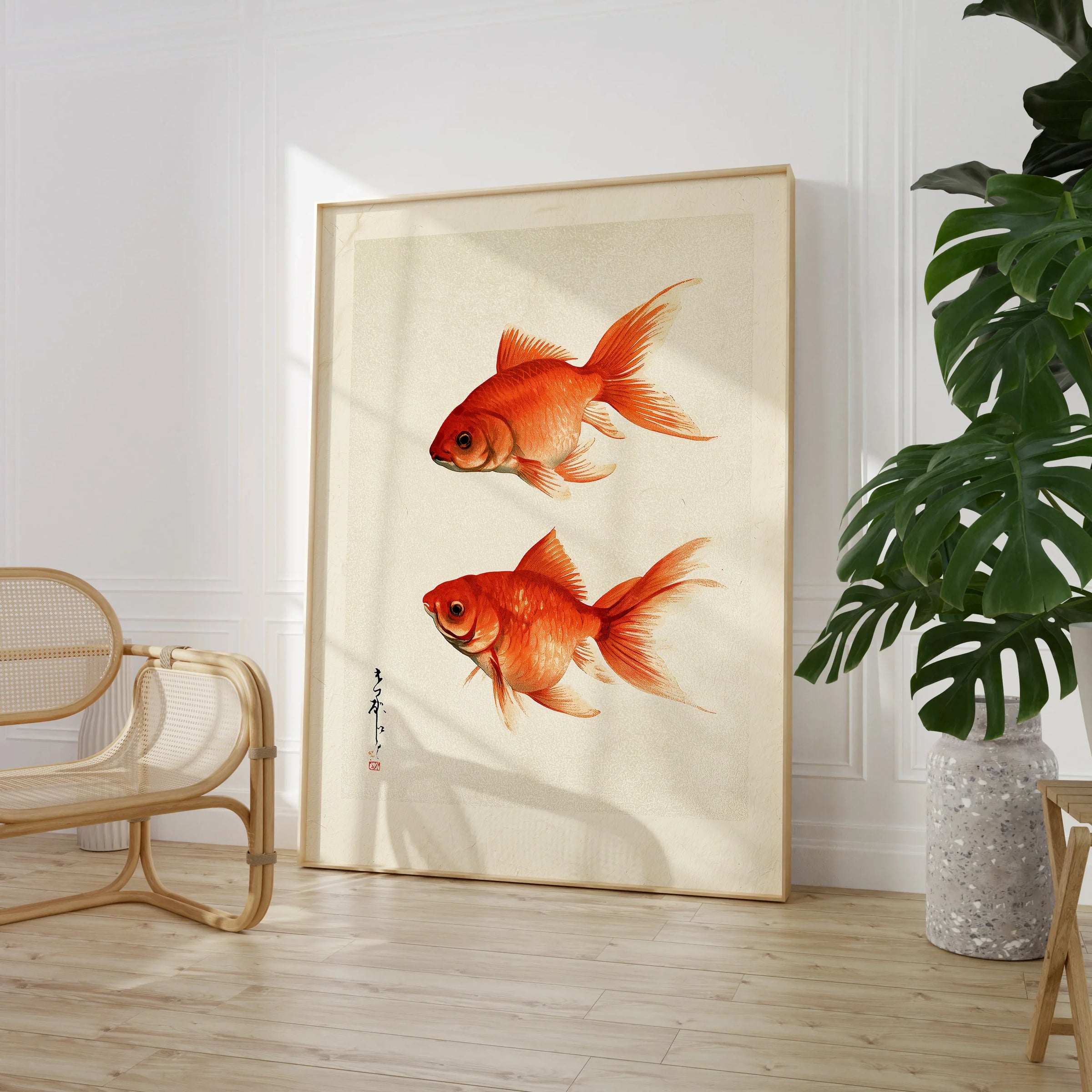 Japanese Goldfish Wall Art – Ukiyo-e Inspired Art Print — large framed print room setting chair plant