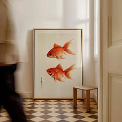 Japanese Goldfish Wall Art – Ukiyo-e Inspired Art Print — framed canvas on floor man walking past