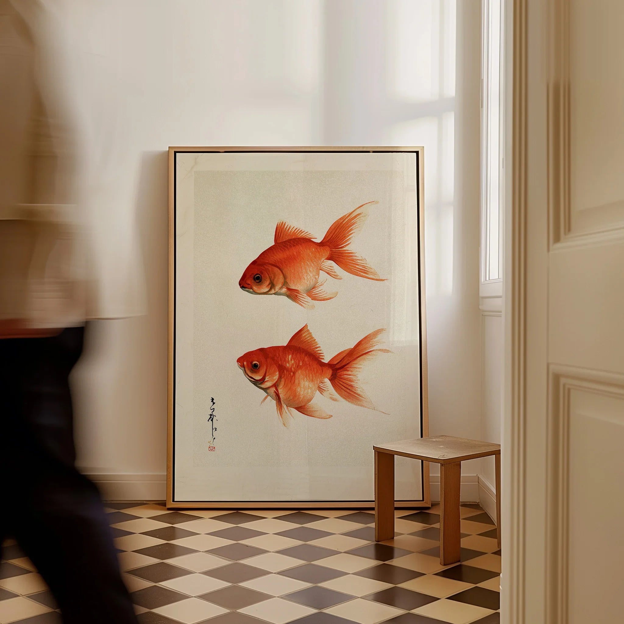 Japanese Goldfish Wall Art – Ukiyo-e Inspired Art Print — framed canvas on floor man walking past