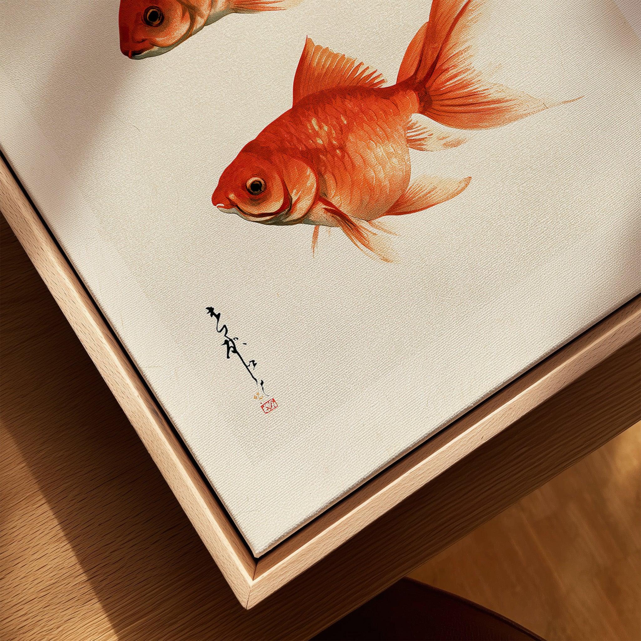 Japanese Goldfish Wall Art – Ukiyo-e Inspired Art Print — closeup framed canvas natural wood floating frame