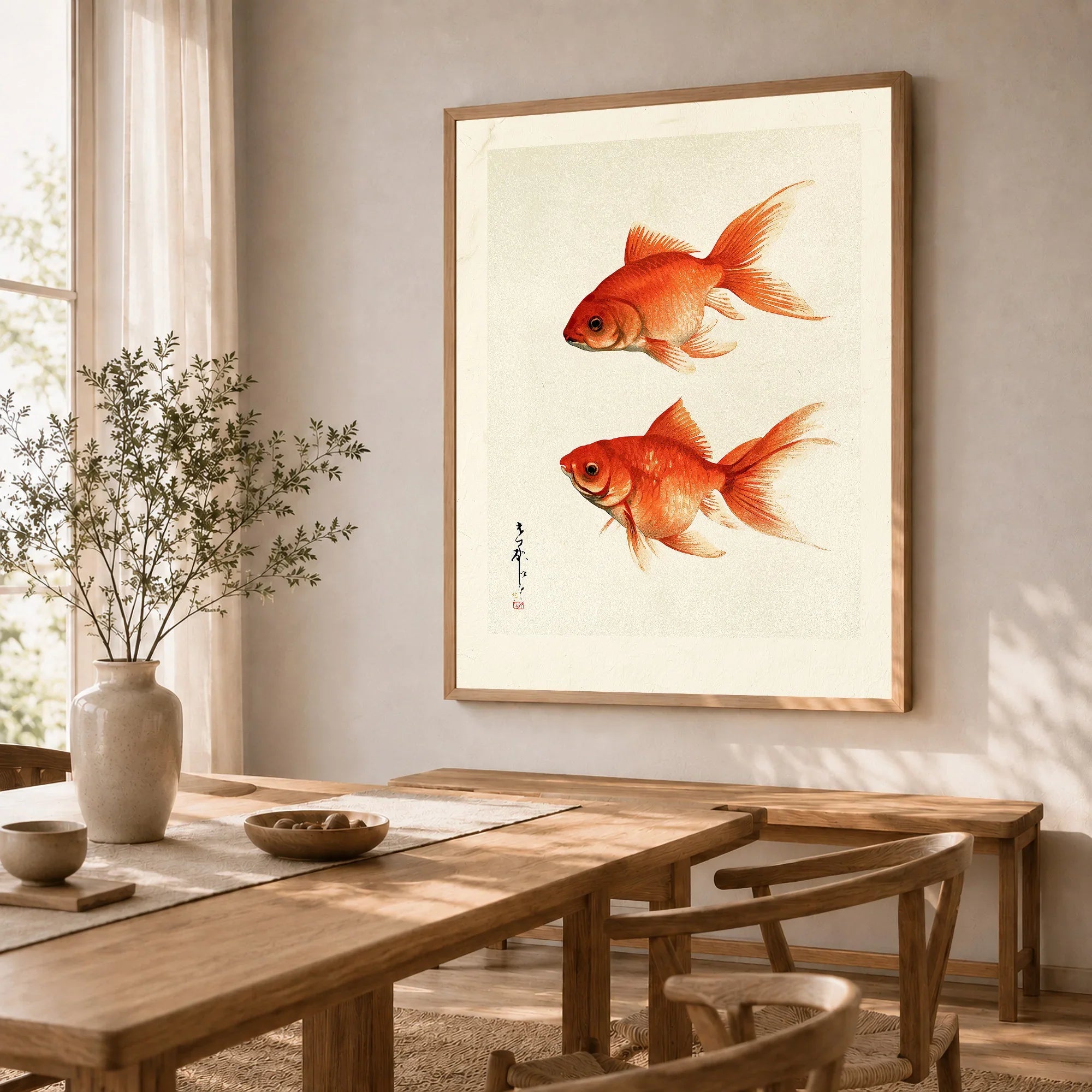 Japanese Goldfish Wall Art – Ukiyo-e Inspired Art Print — dining room framed print natural wood frame