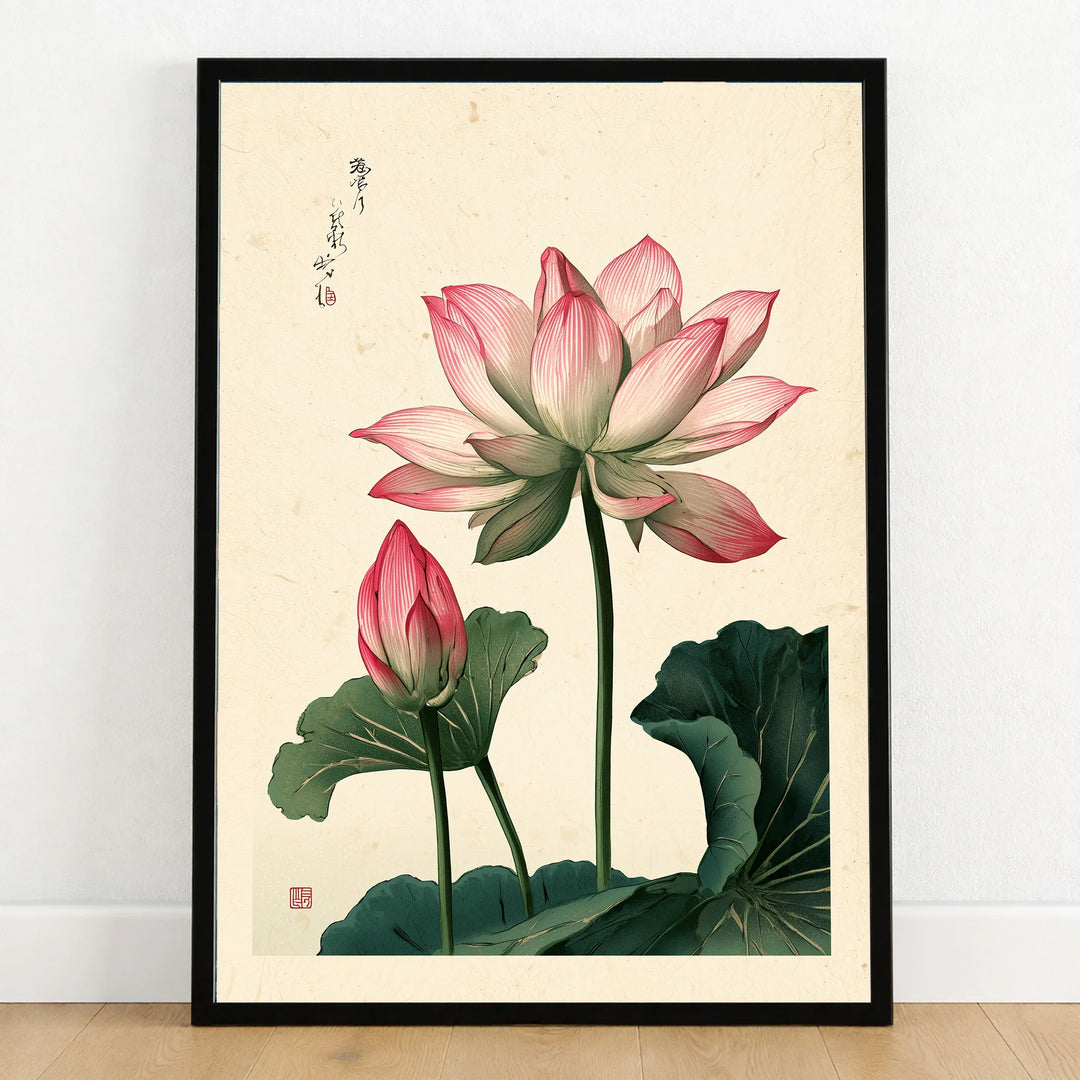 Japanese Lotus Flower Art Print – Vintage Botanical Wall Art — art print in black frame on wooden floor