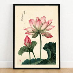 Japanese Lotus Flower Art Print – Vintage Botanical Wall Art — art print in black frame on wooden floor