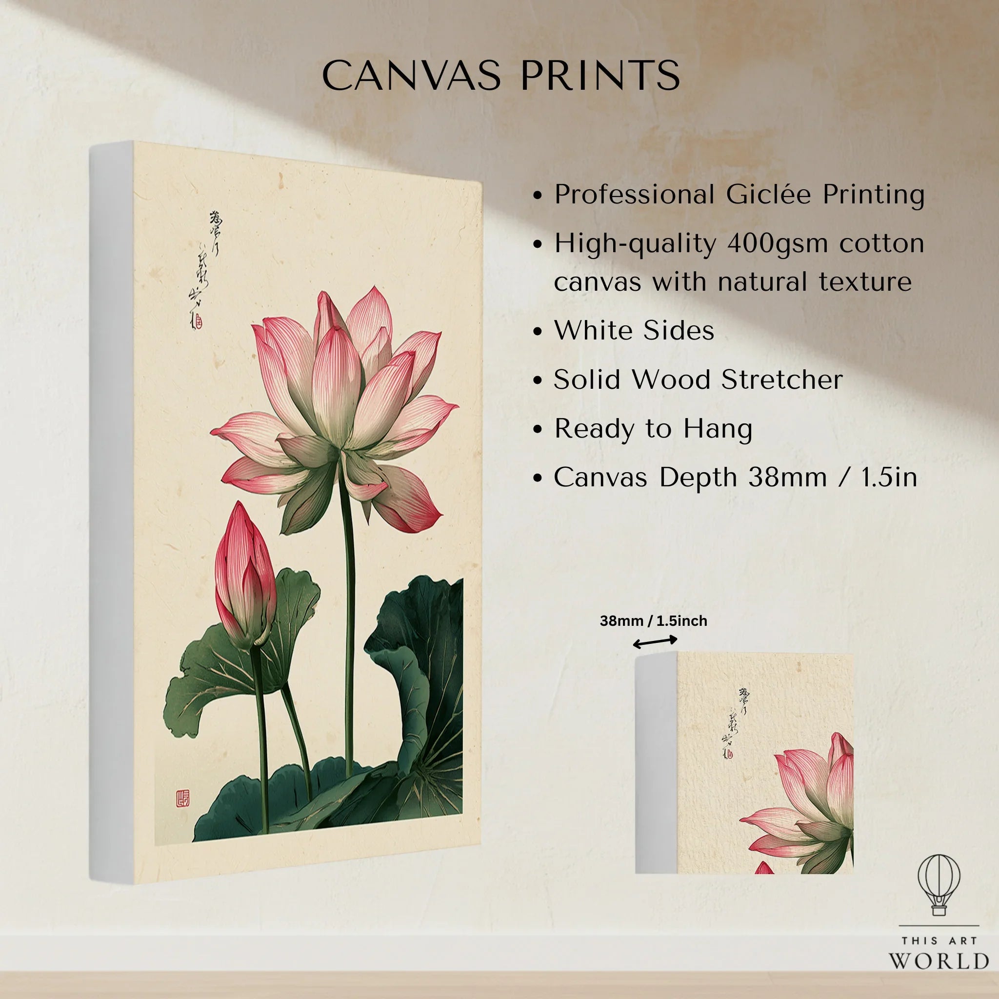 Japanese Lotus Flower Art Print – Vintage Botanical Wall Art — canvas print stretched cotton canvas details