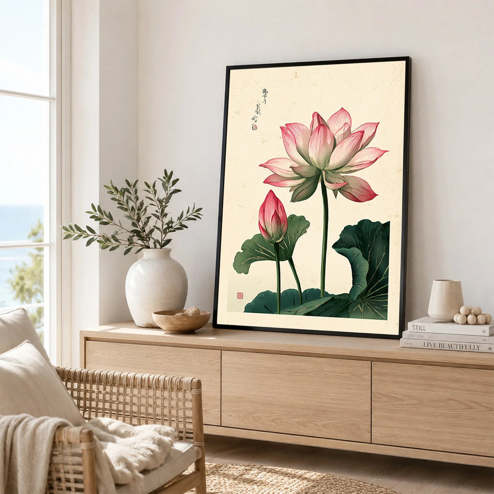Japanese Lotus Flower Art Print – Vintage Botanical Wall Art — framed artwork living room lifestyle setting