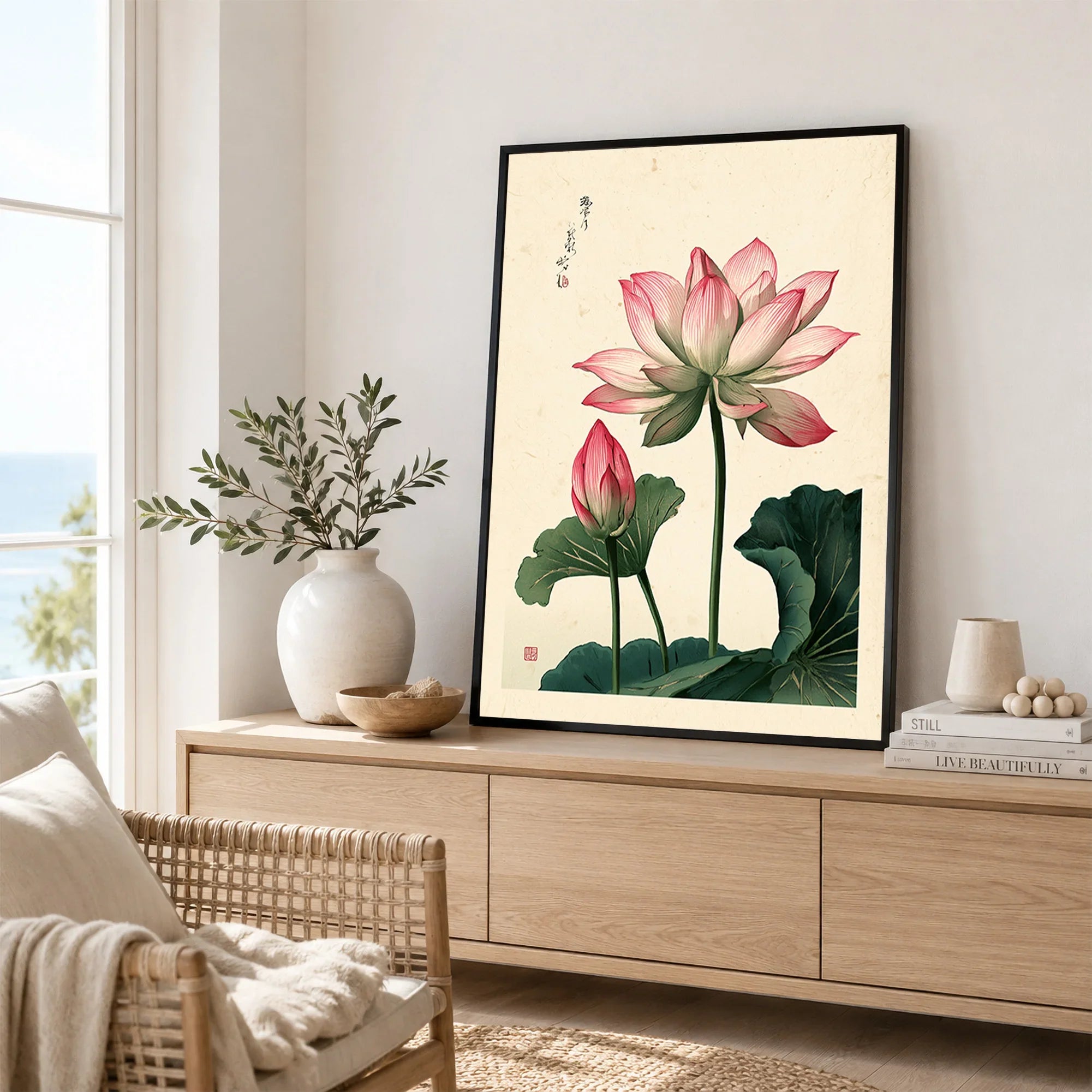 Japanese Lotus Flower Art Print – Vintage Botanical Wall Art — framed artwork living room lifestyle setting