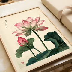 Japanese Lotus Flower Art Print – Vintage Botanical Wall Art — framed art print closeup gift unwrapped natural frame