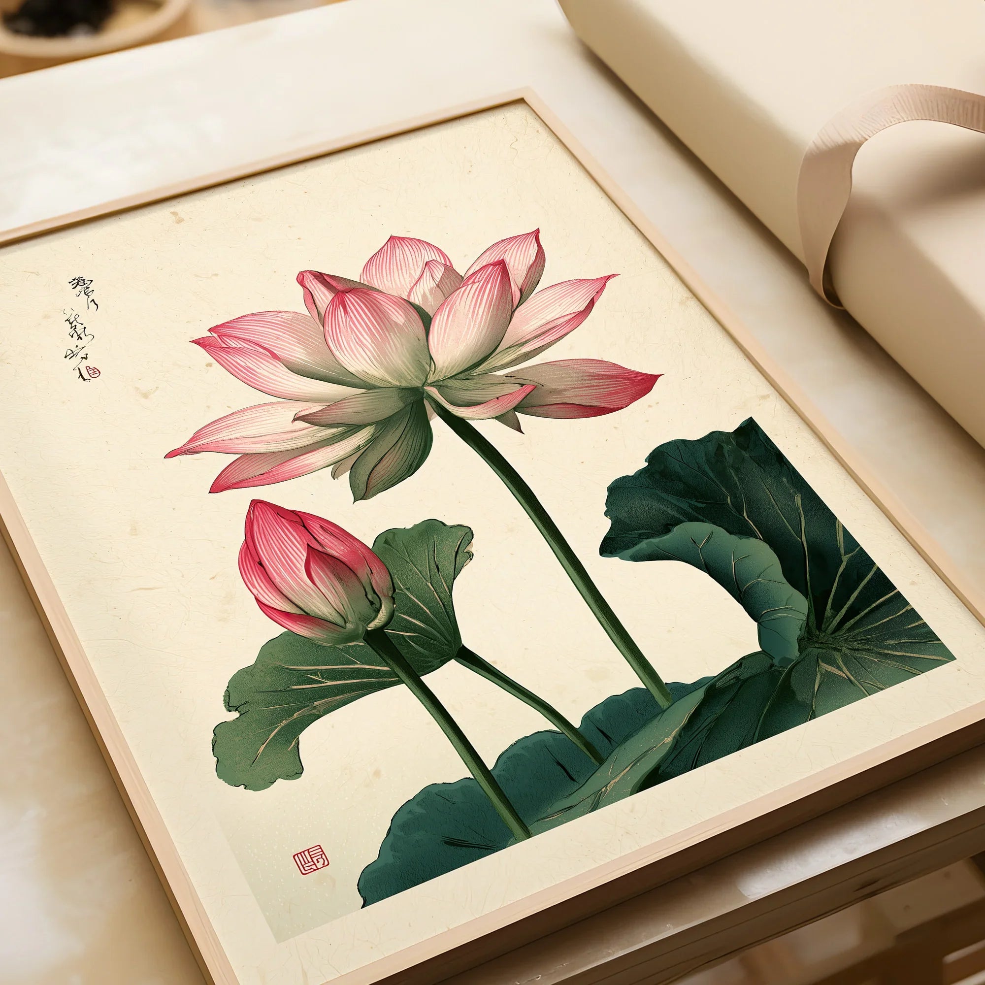 Japanese Lotus Flower Art Print – Vintage Botanical Wall Art — framed art print closeup gift unwrapped natural frame
