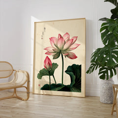 Japanese Lotus Flower Art Print – Vintage Botanical Wall Art — large framed print room setting chair plant
