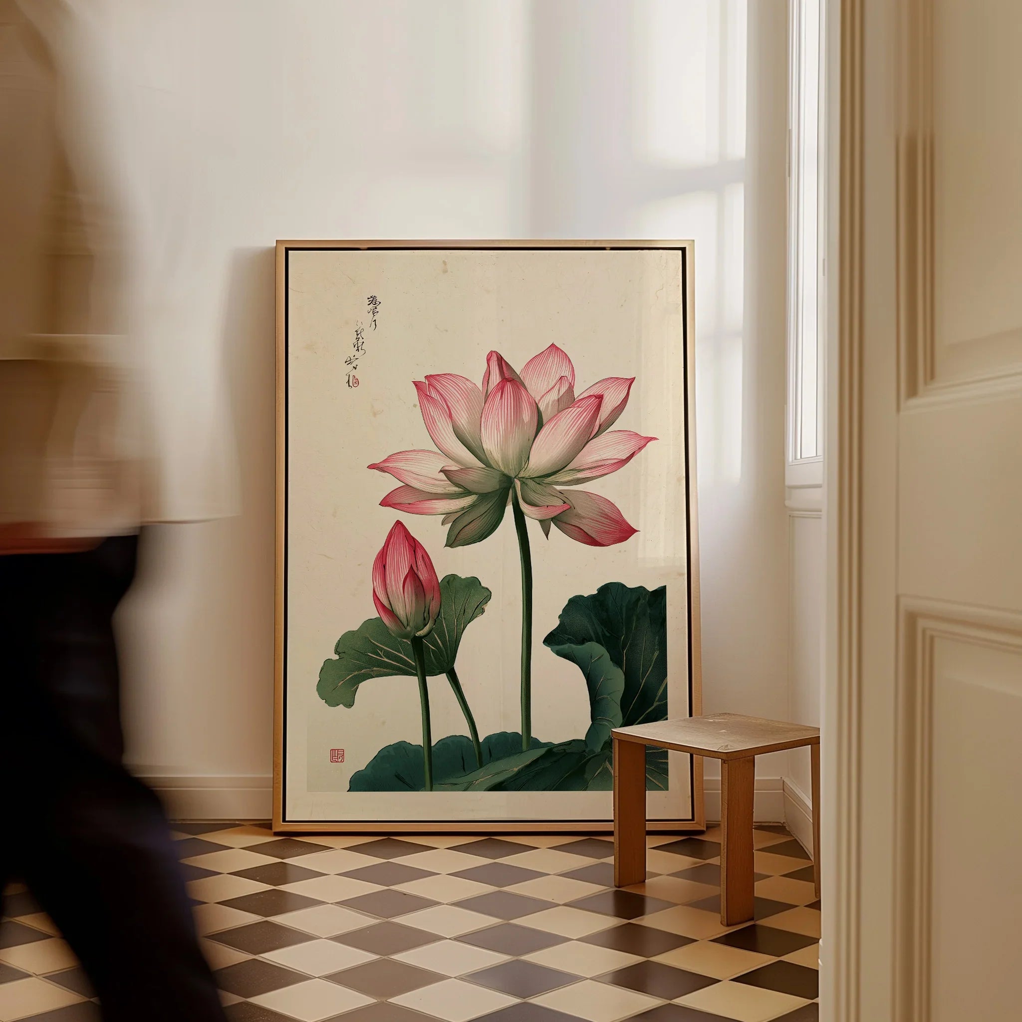 Japanese Lotus Flower Art Print – Vintage Botanical Wall Art — framed canvas on floor man walking past