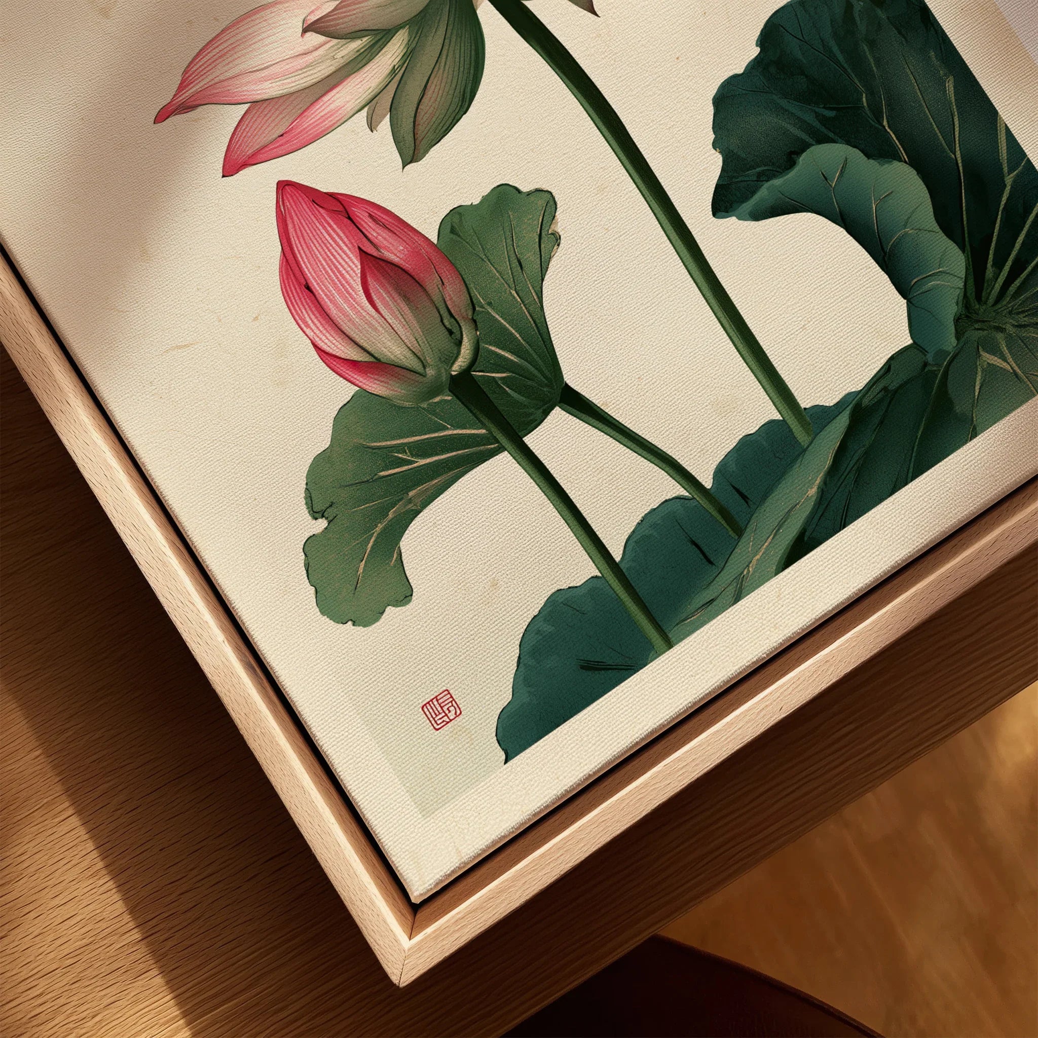 Japanese Lotus Flower Art Print – Vintage Botanical Wall Art — closeup framed canvas natural wood floating frame
