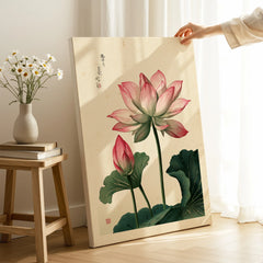 Japanese Lotus Flower Art Print – Vintage Botanical Wall Art — canvas print mirror edge hand holding room setting