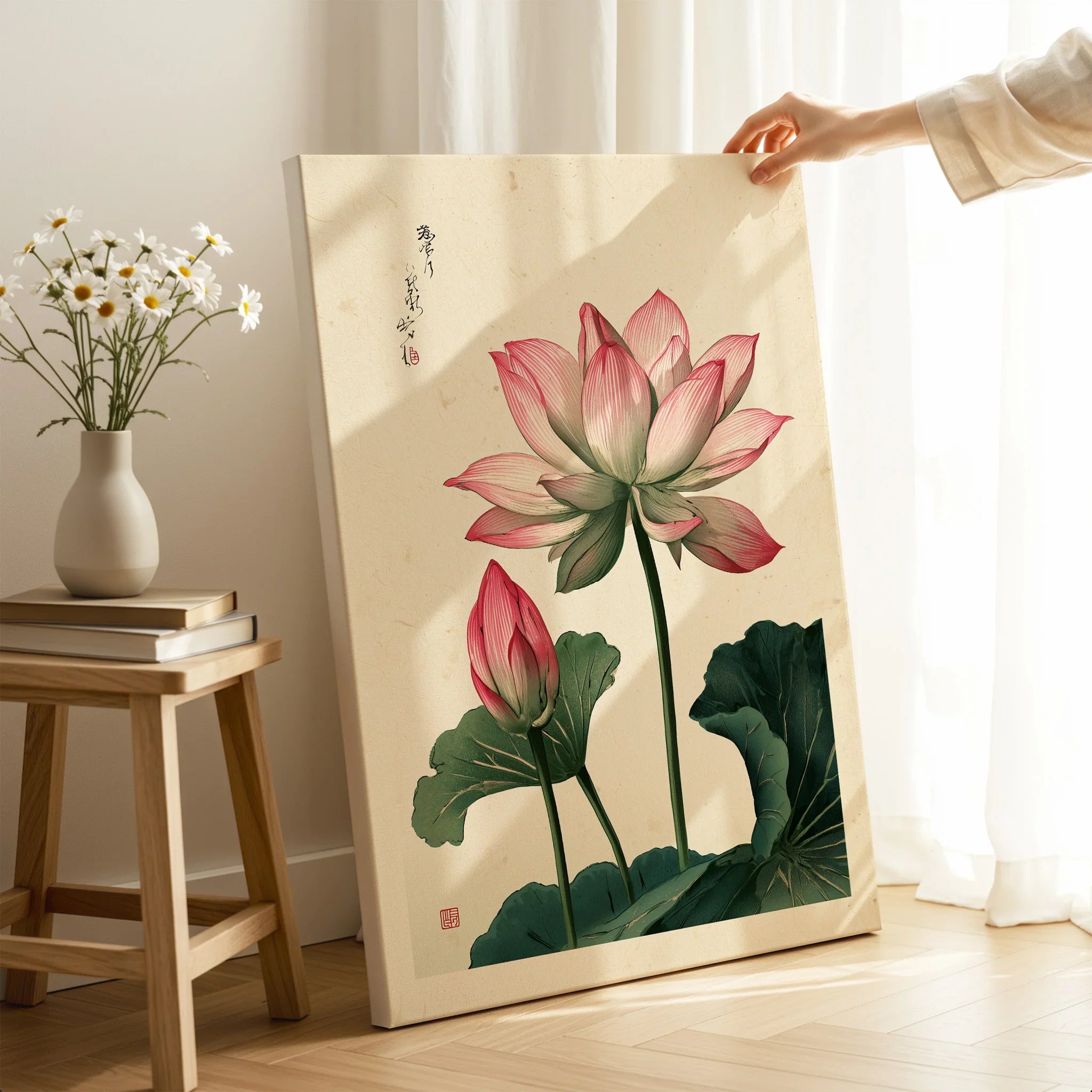 Japanese Lotus Flower Art Print – Vintage Botanical Wall Art — canvas print mirror edge hand holding room setting