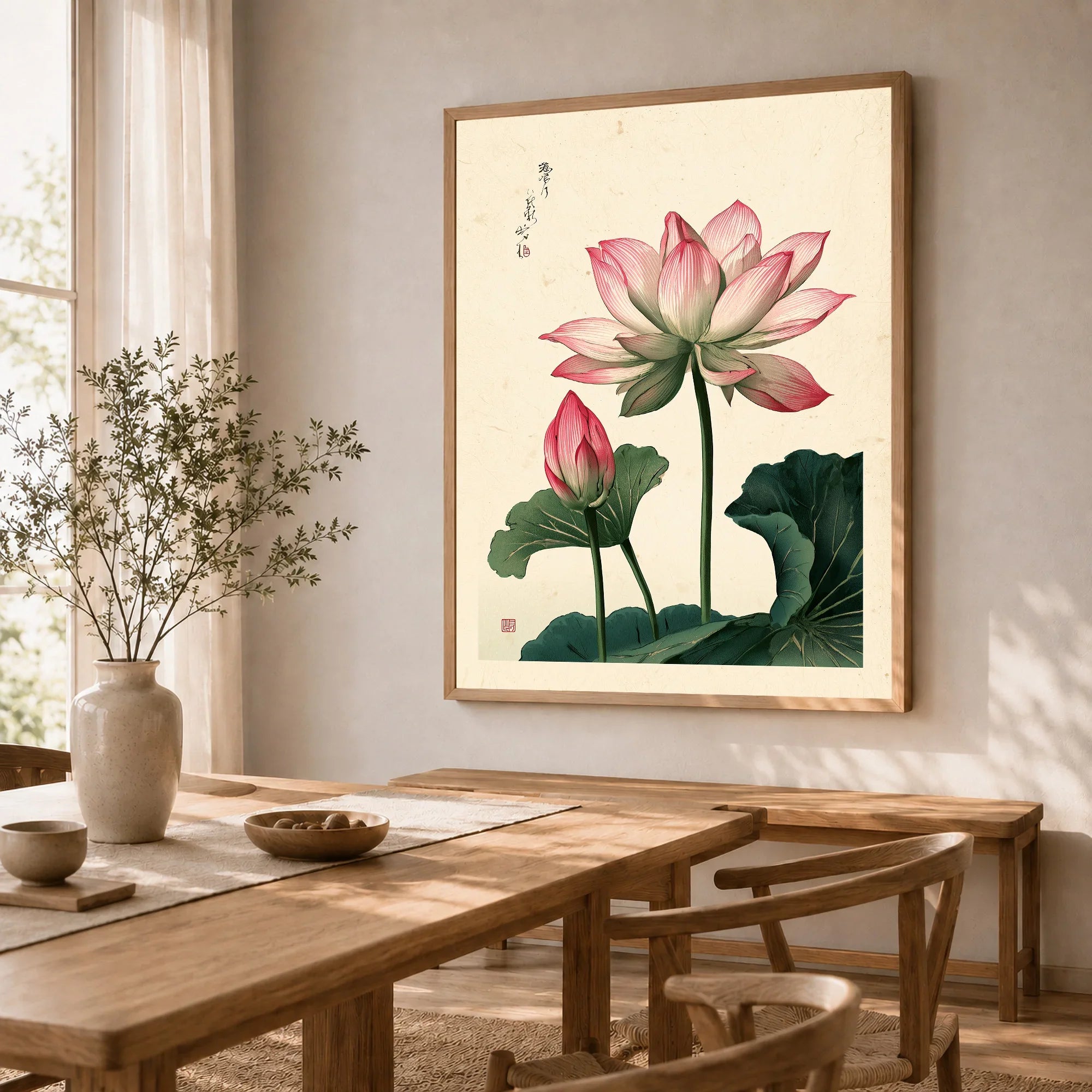 Japanese Lotus Flower Art Print – Vintage Botanical Wall Art — dining room framed print natural wood frame