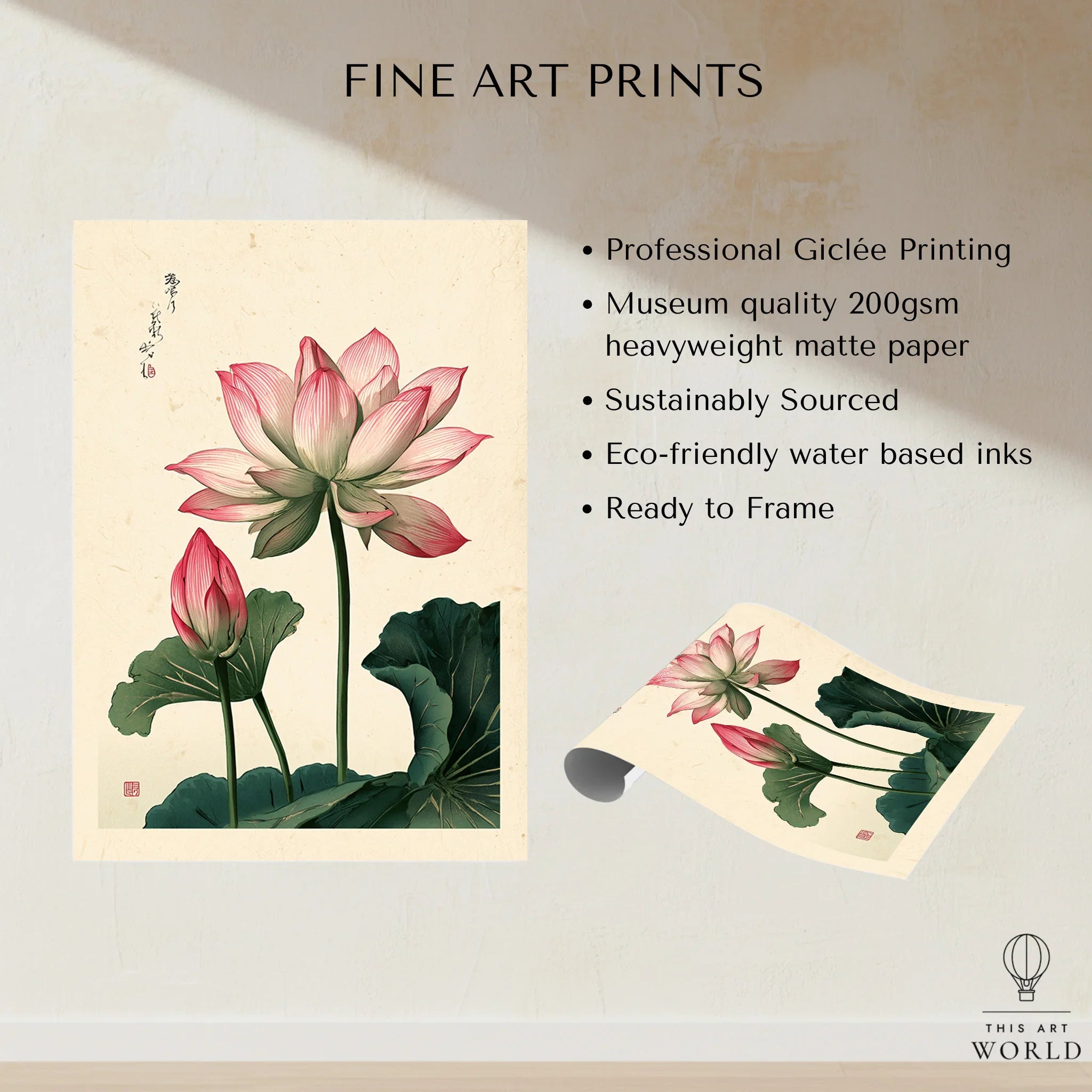 Japanese Lotus Flower Art Print – Vintage Botanical Wall Art — fine art print unframed quality details