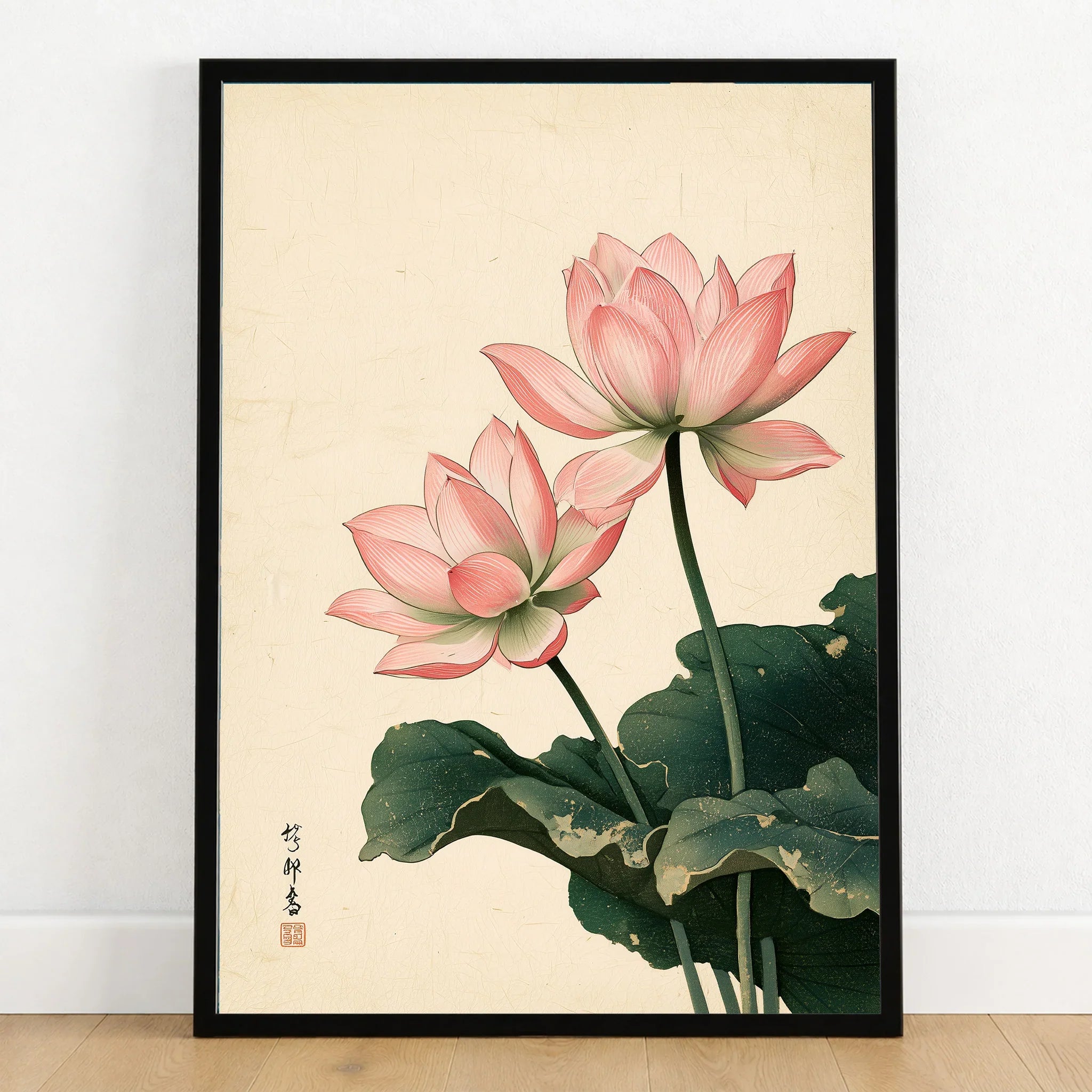 Japanese Lotus Wall Art – Vintage Japanese Flower Print — art print in black frame on wooden floor