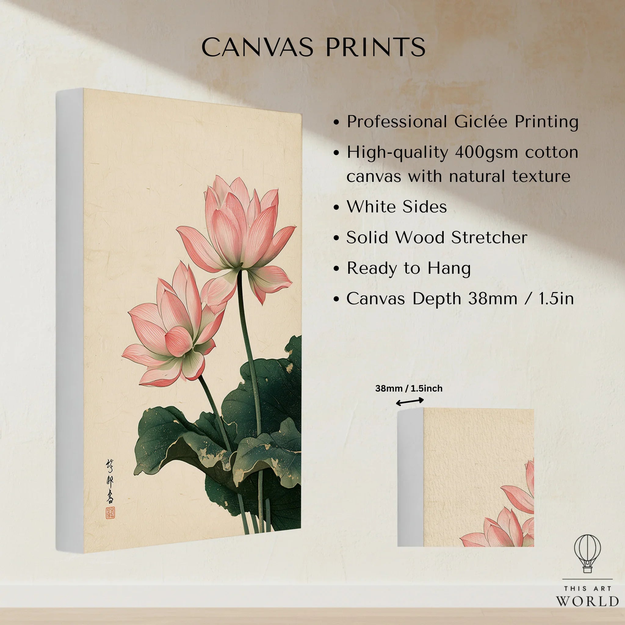 Japanese Lotus Wall Art – Vintage Japanese Flower Print — canvas print stretched cotton canvas details