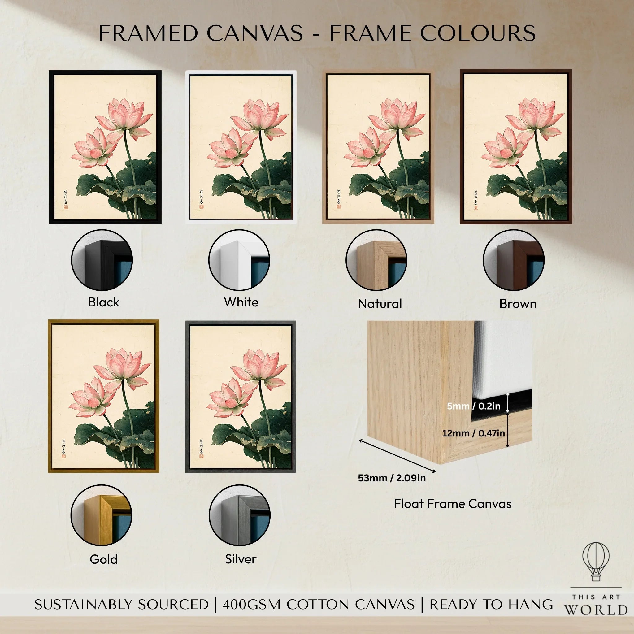 Japanese Lotus Wall Art – Vintage Japanese Flower Print — framed canvas float frame colour options