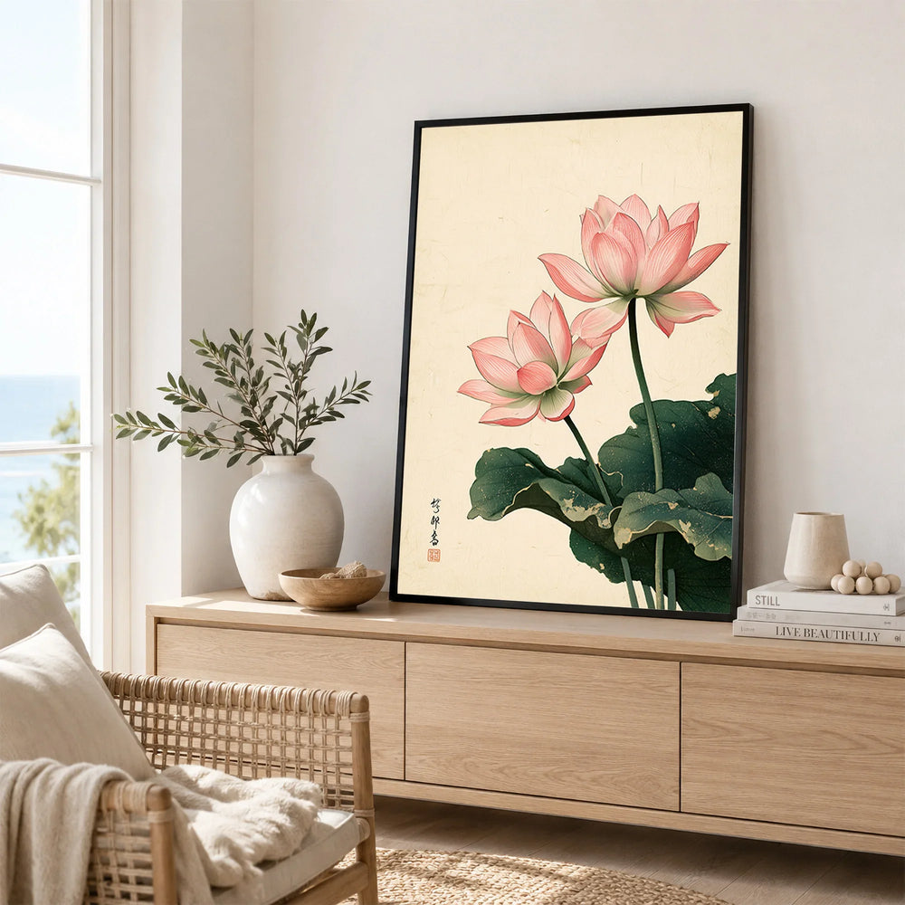 Japanese Lotus Wall Art – Vintage Japanese Flower Print — framed artwork living room lifestyle setting