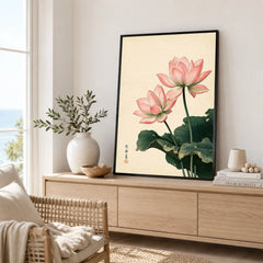 Japanese Lotus Wall Art – Vintage Japanese Flower Print — framed artwork living room lifestyle setting