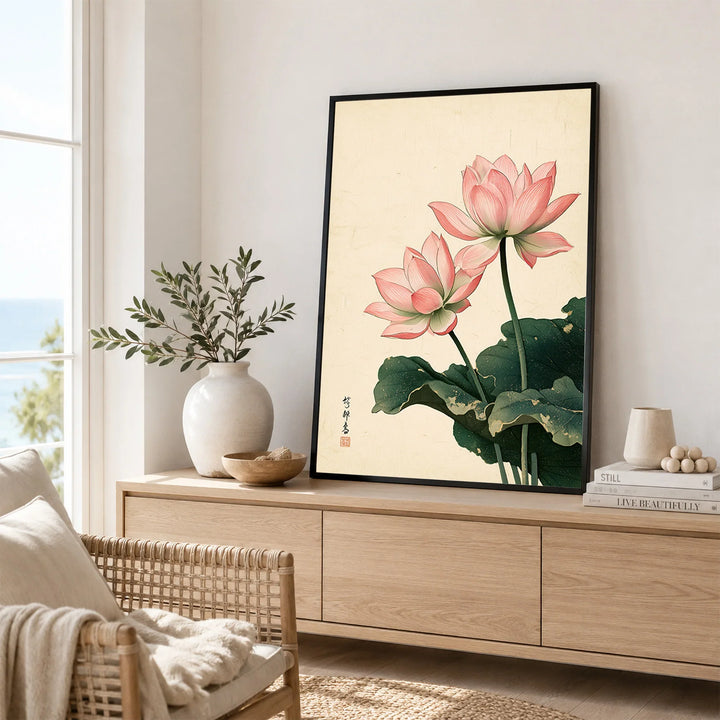 Japanese Lotus Wall Art – Vintage Japanese Flower Print — framed artwork living room lifestyle setting