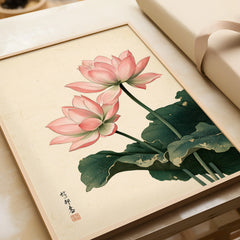 Japanese Lotus Wall Art – Vintage Japanese Flower Print — framed art print closeup gift unwrapped natural frame