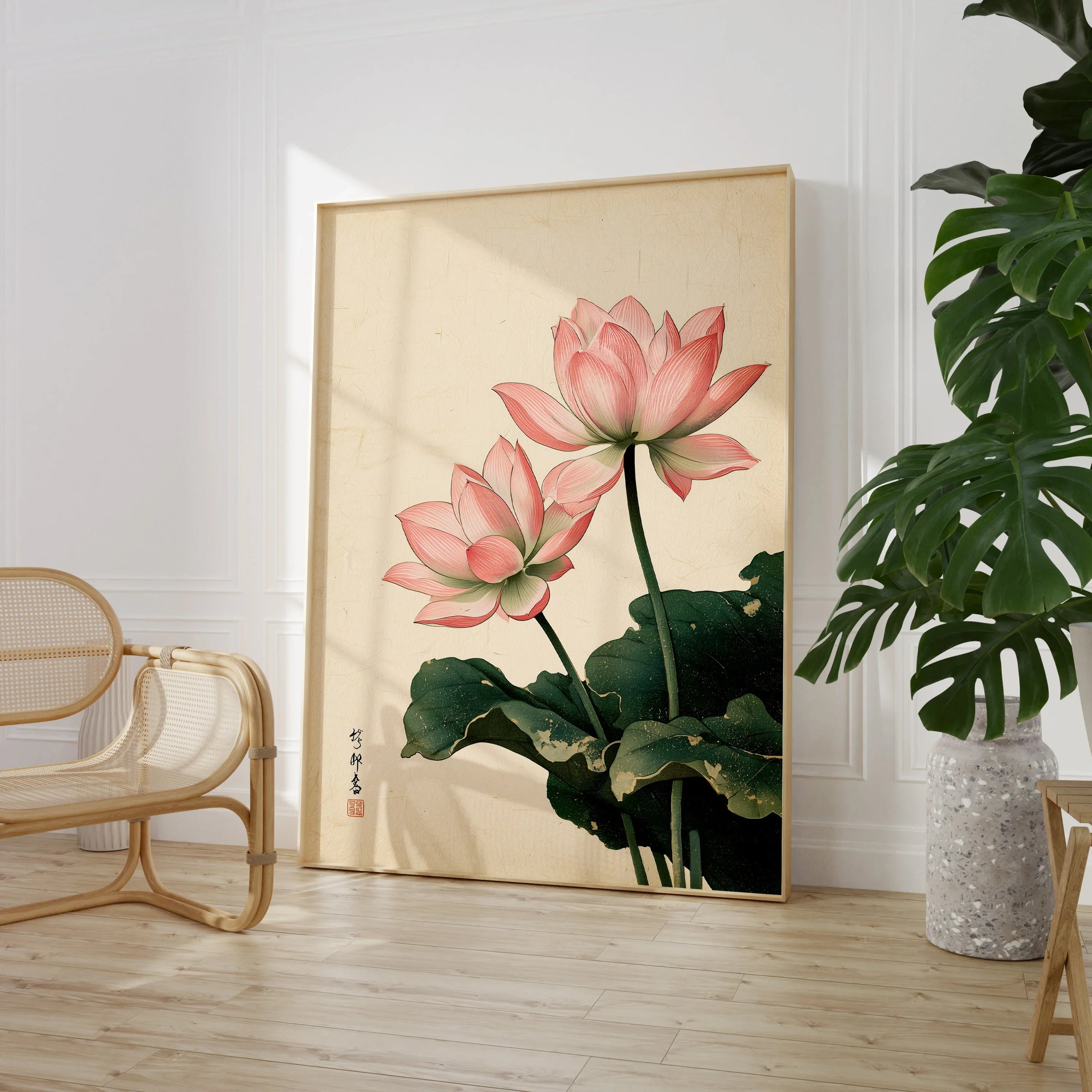 Japanese Lotus Wall Art – Vintage Japanese Flower Print — large framed print room setting chair plant