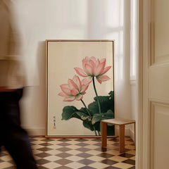 Japanese Lotus Wall Art – Vintage Japanese Flower Print — framed canvas on floor man walking past