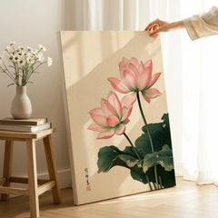 Japanese Lotus Wall Art – Vintage Japanese Flower Print — canvas print mirror edge hand holding room setting