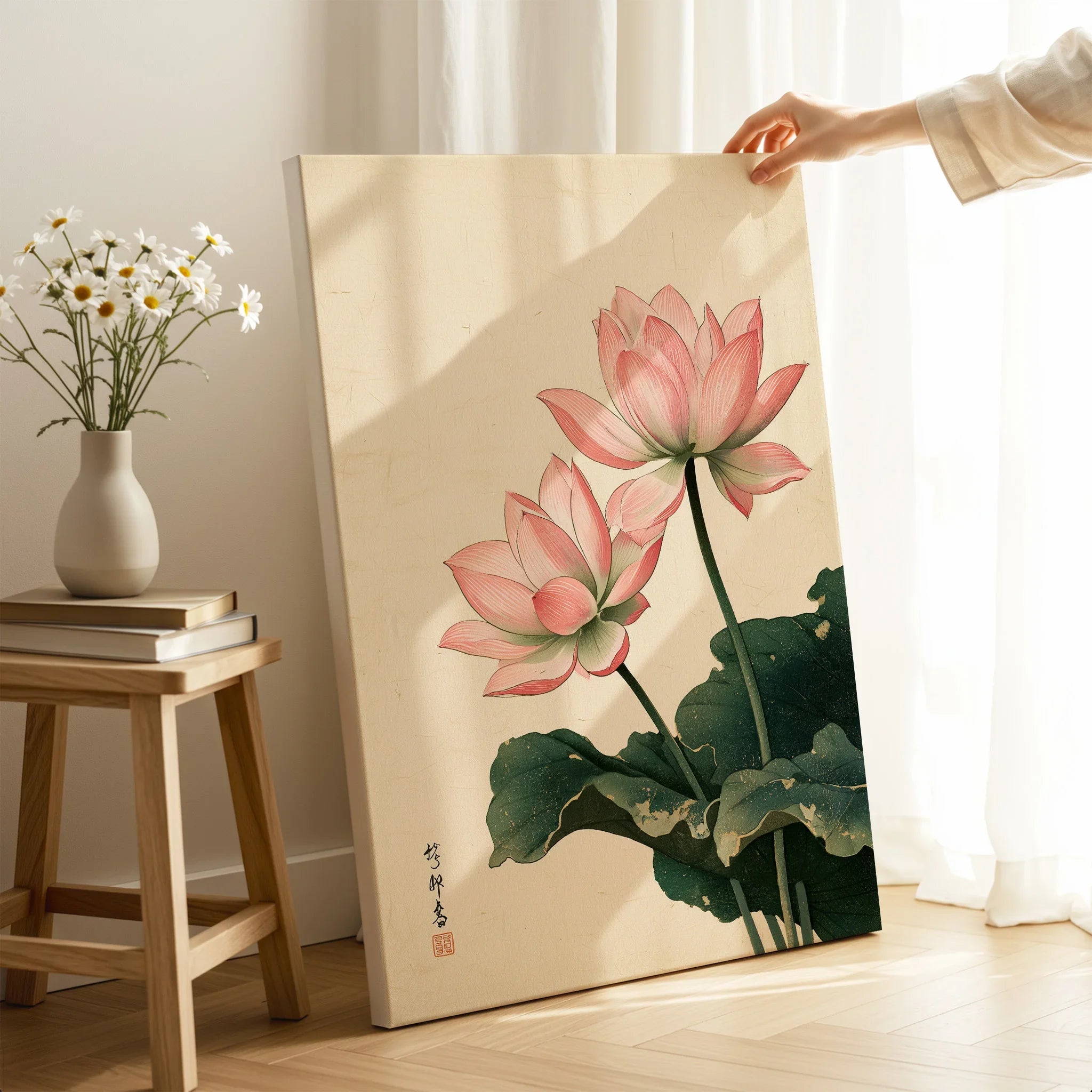 Japanese Lotus Wall Art – Vintage Japanese Flower Print — canvas print mirror edge hand holding room setting