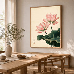 Japanese Lotus Wall Art – Vintage Japanese Flower Print — dining room framed print natural wood frame