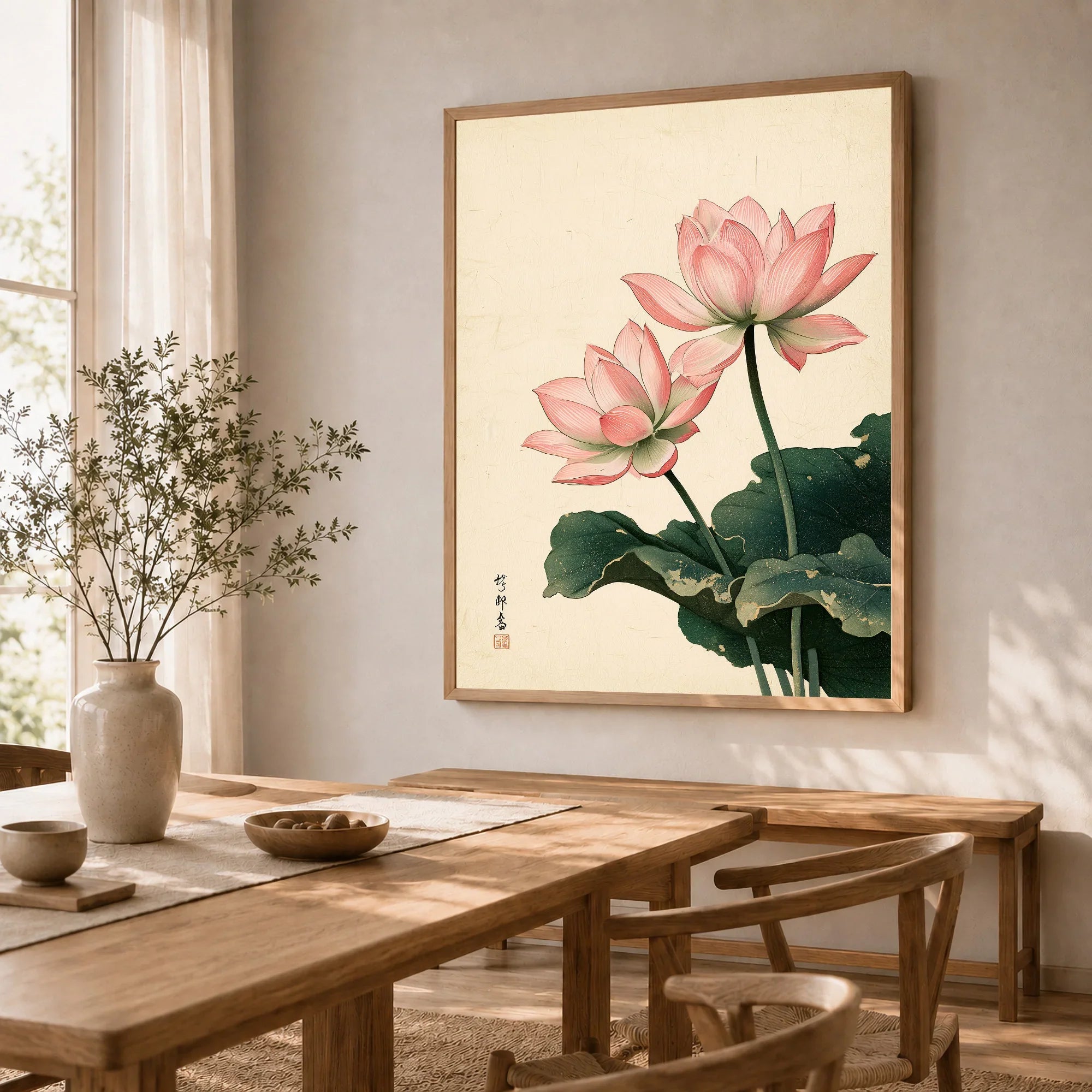 Japanese Lotus Wall Art – Vintage Japanese Flower Print — dining room framed print natural wood frame