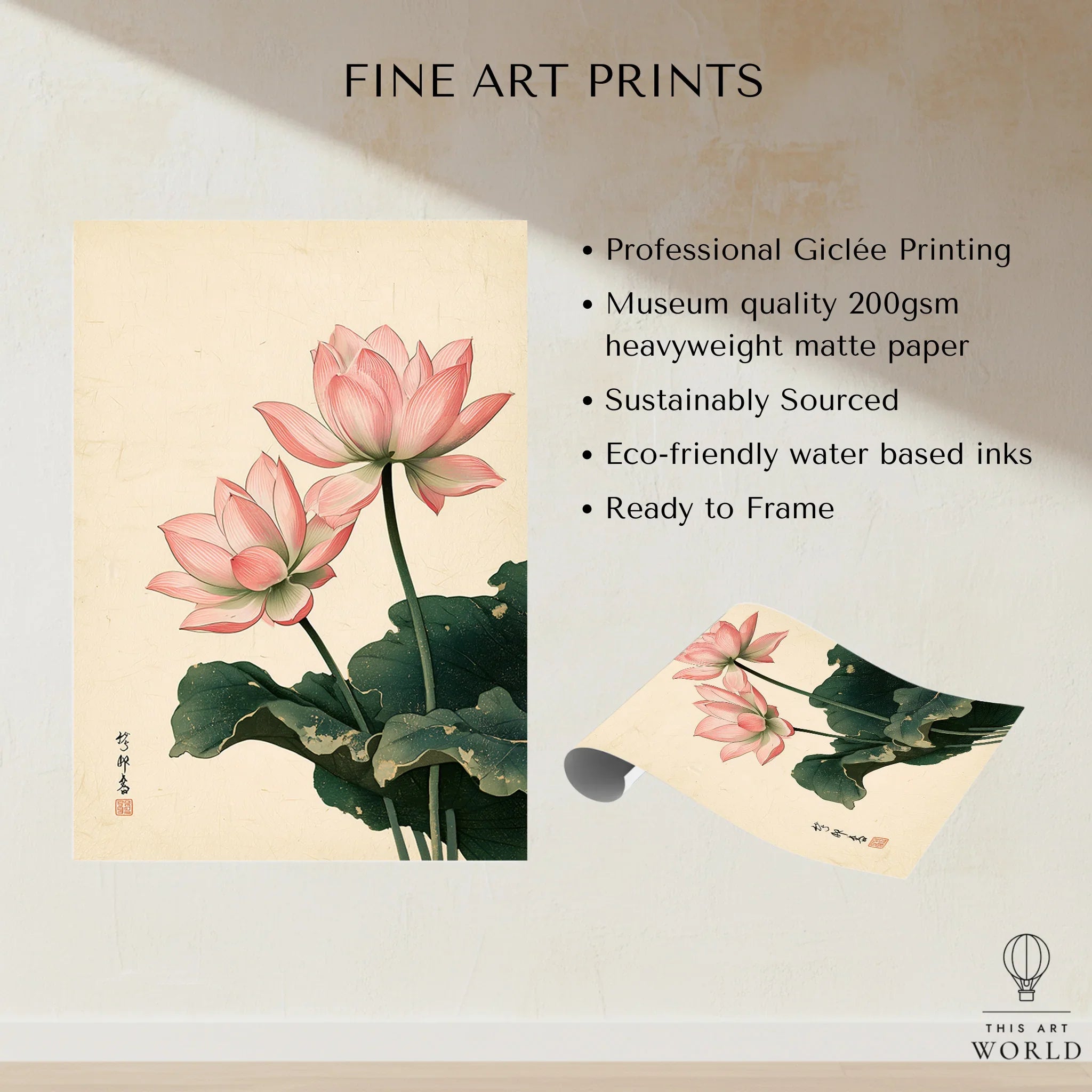 Japanese Lotus Wall Art – Vintage Japanese Flower Print — fine art print unframed quality details