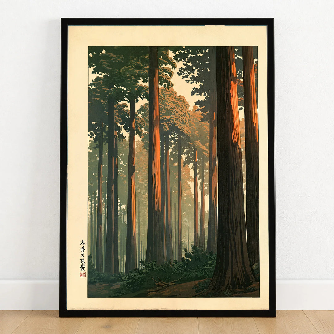 Japanese Forest Wall Art – Warm Vintage Landscape Print — art print in black frame on wooden floor