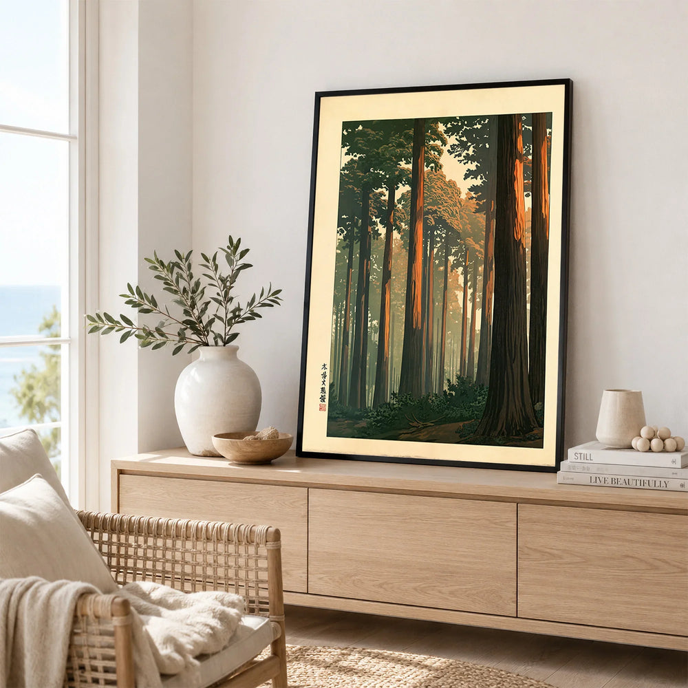 Japanese Forest Wall Art – Warm Vintage Landscape Print — framed artwork living room lifestyle setting